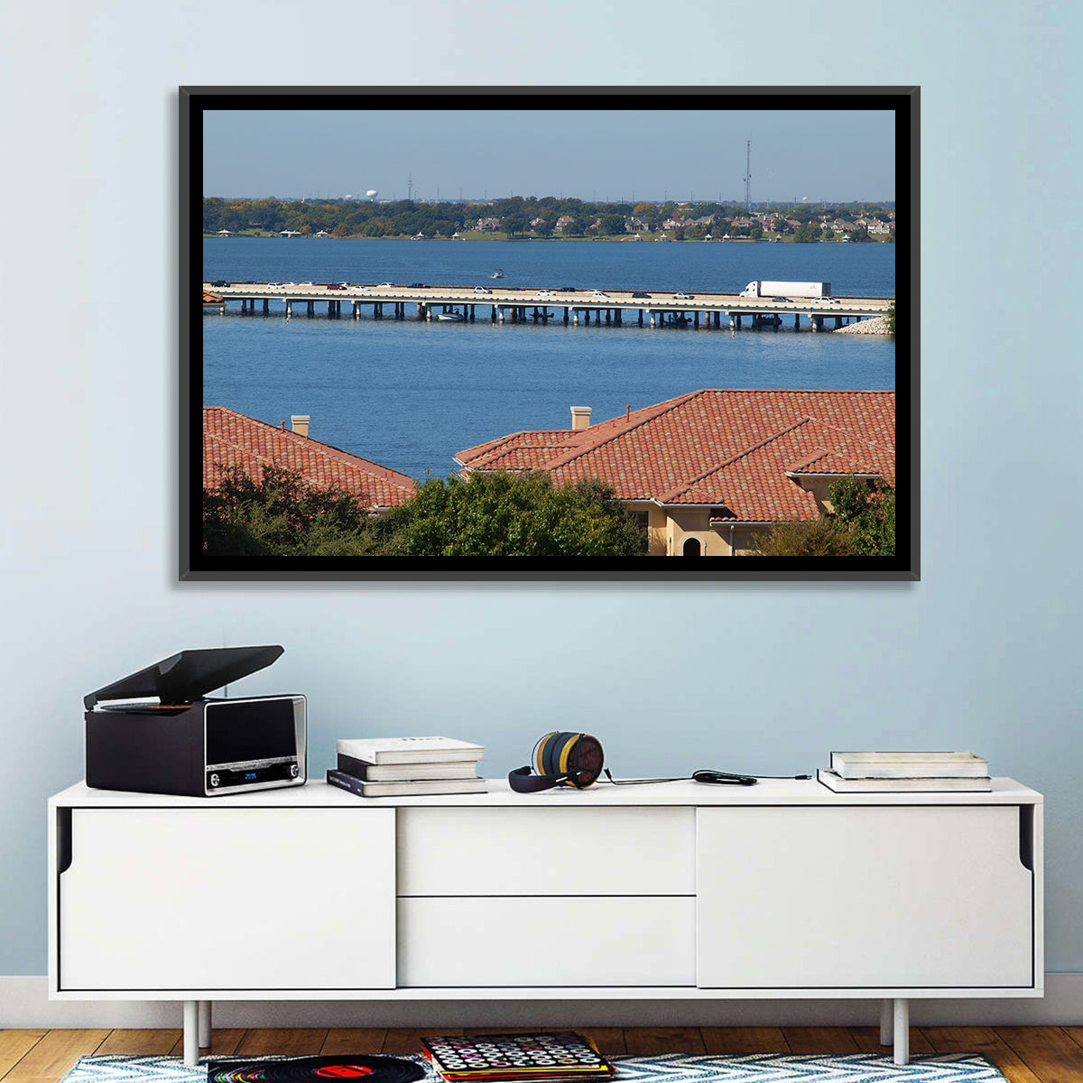 Lake Ray Hubbard Bridge View Wall Art in a room, landscape