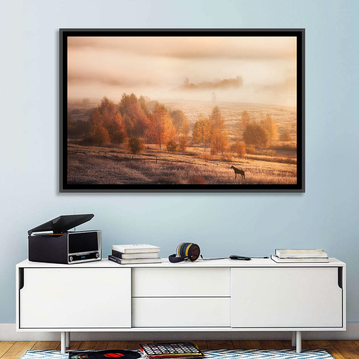 Autumn Morning Horse Silhouette Wall Art in a room, landscape