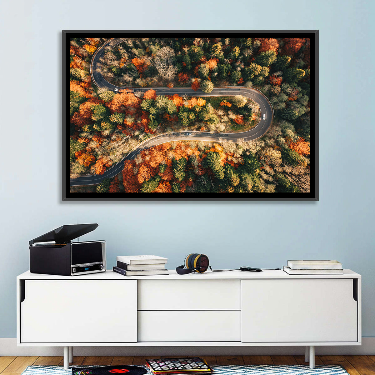 Aerial Winding Autumn Forest Road Wall Art