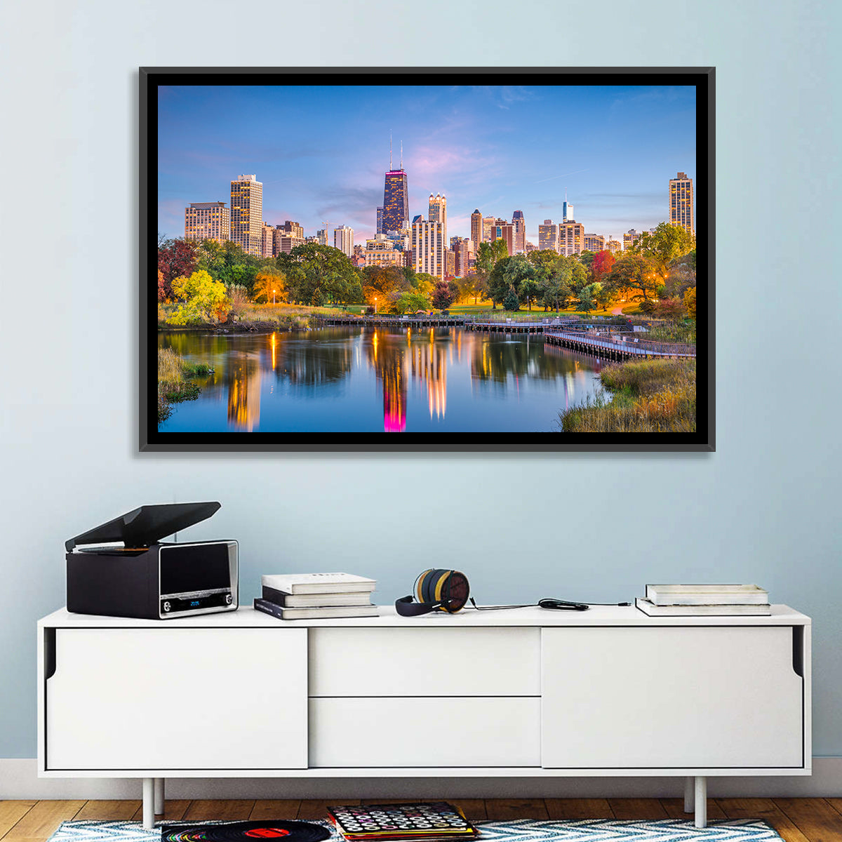 Chicago Skyline at Twilight Wall Art in a room, landscape
