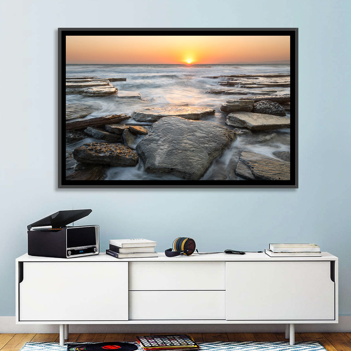 Golden Hour Rock Shoreline Sunset Wall Art in a room, landscape