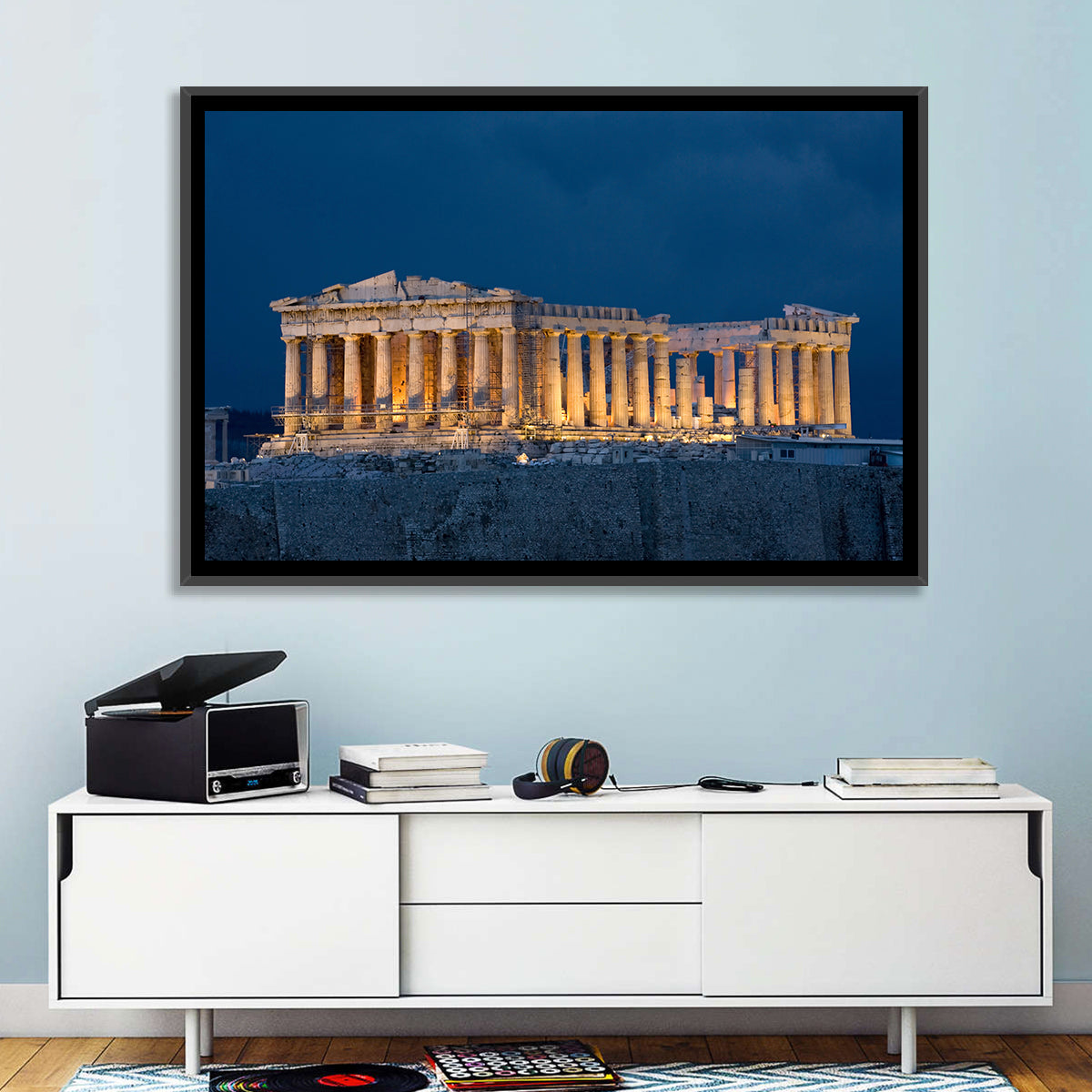 Illuminated Parthenon at Night Wall Art in a room, landscape