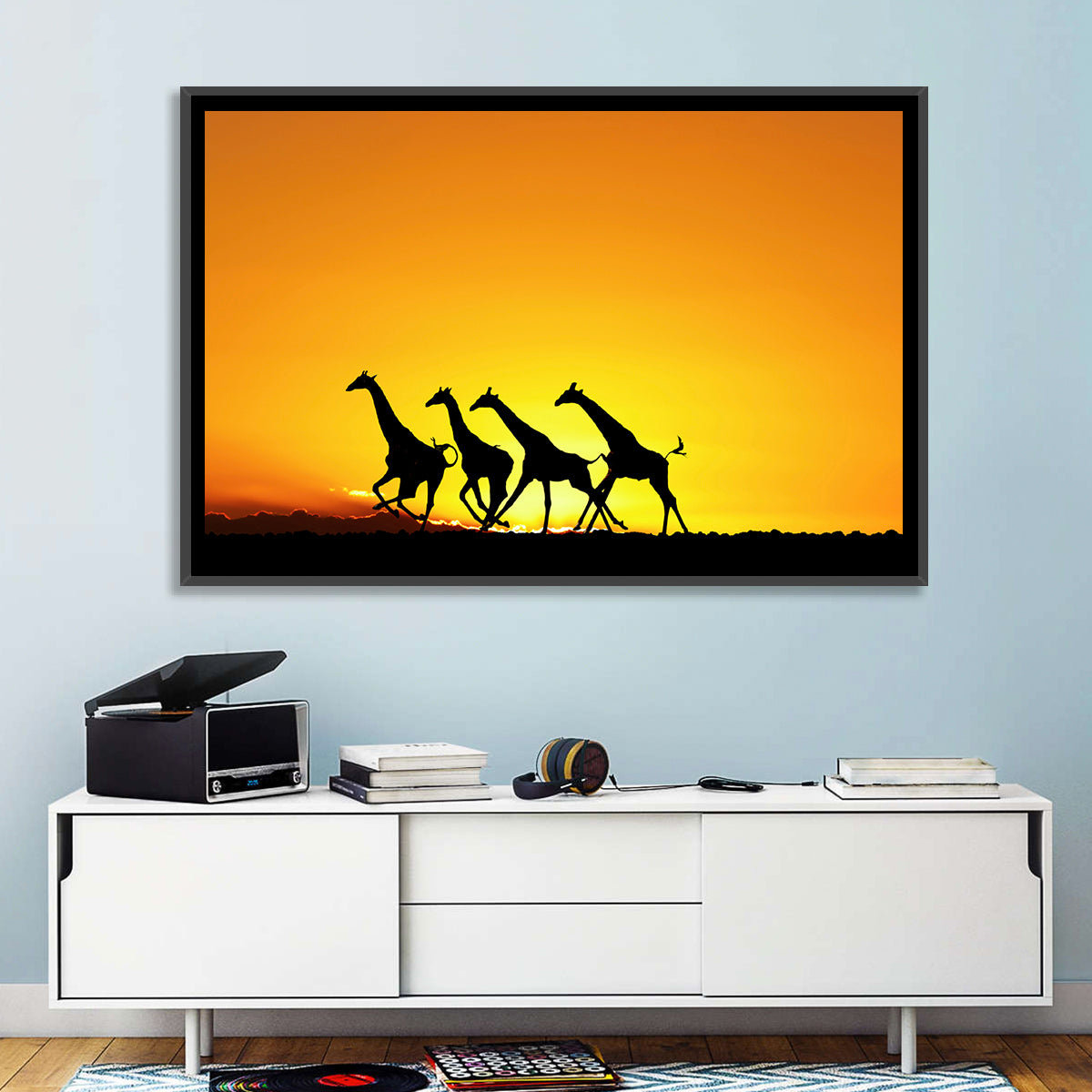 Savanna Giraffes at Sunset Wall Art in a room, landscape