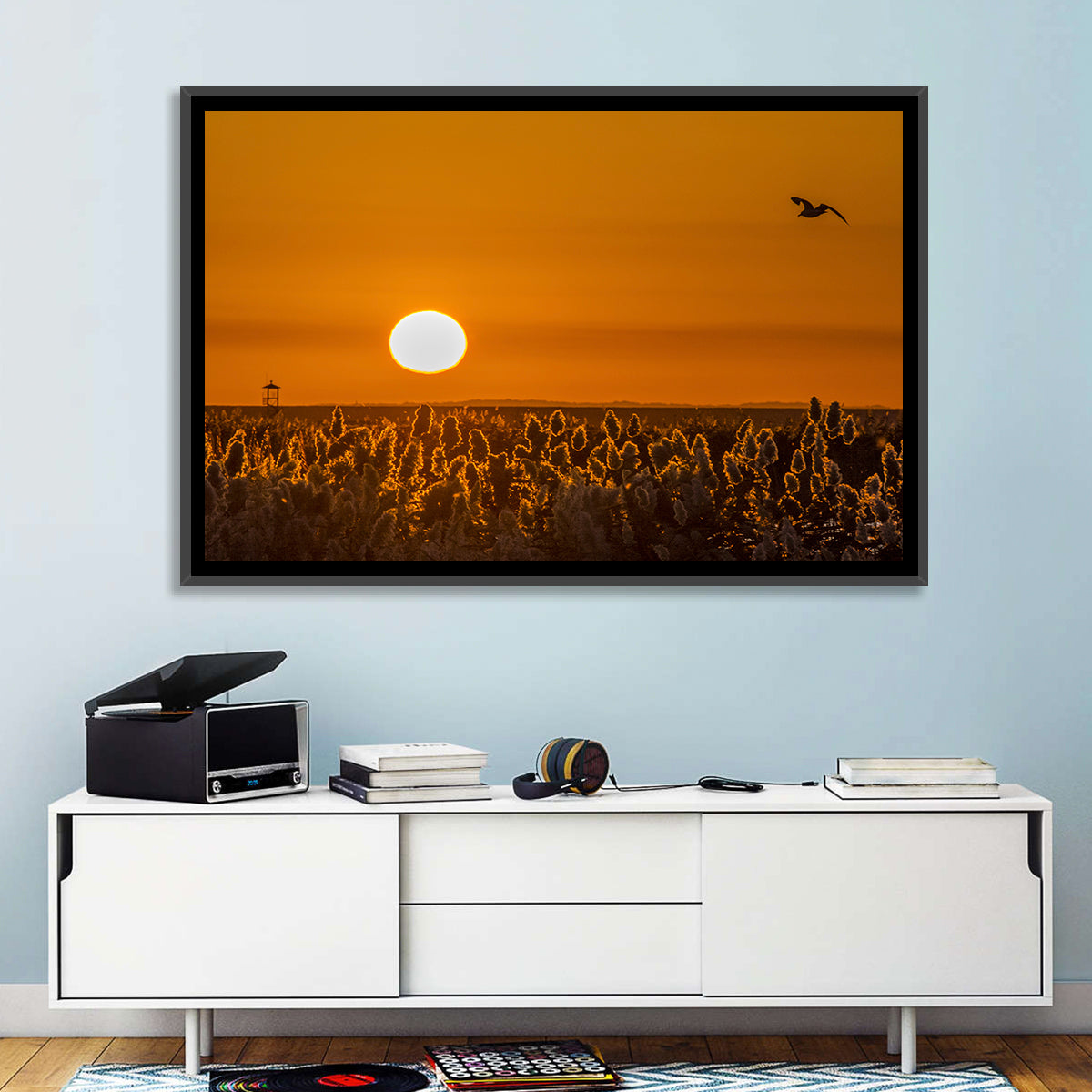 Golden Sunrise Over Reeds Wall Art in a room, landscape