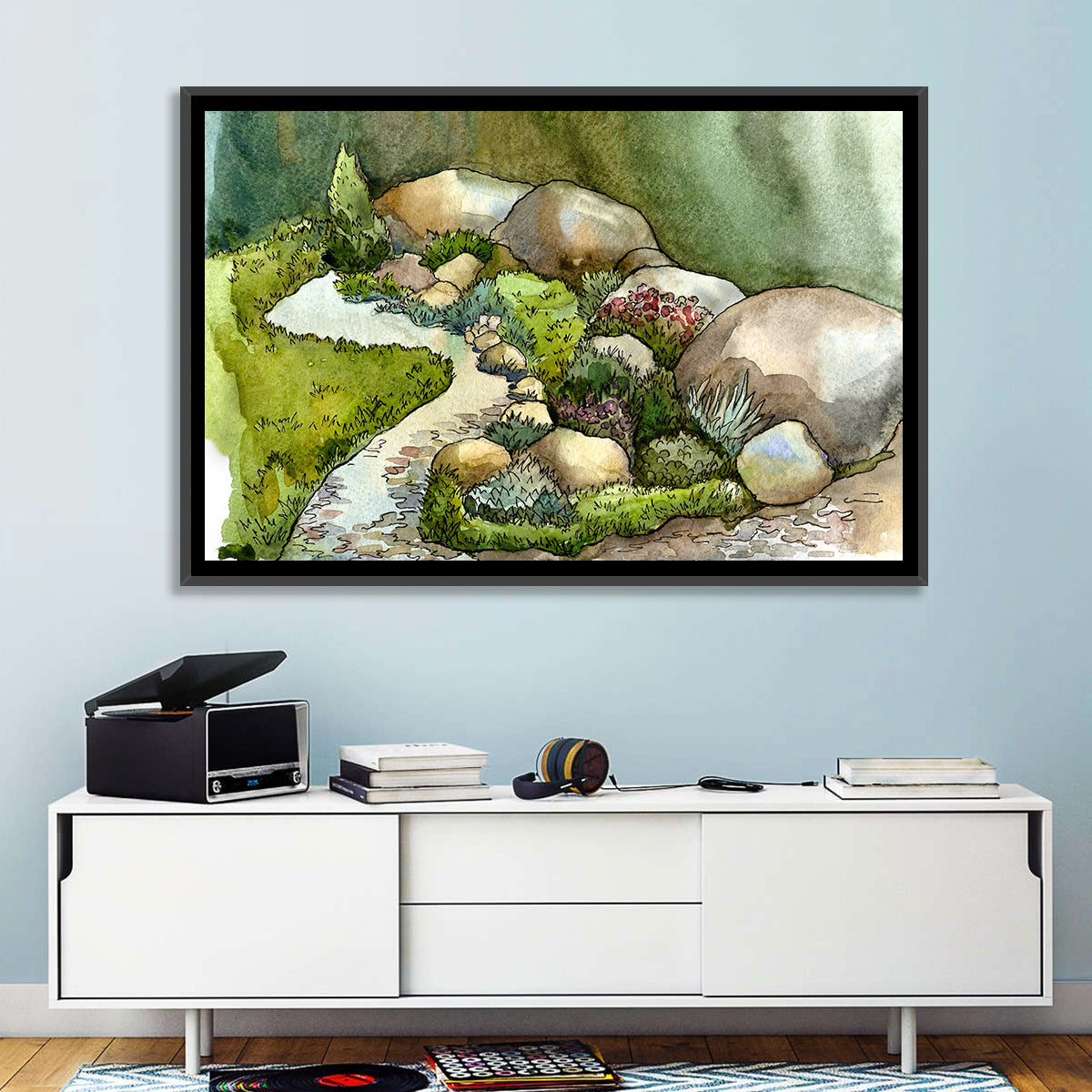 Watercolor Rock Garden Stream Wall Art