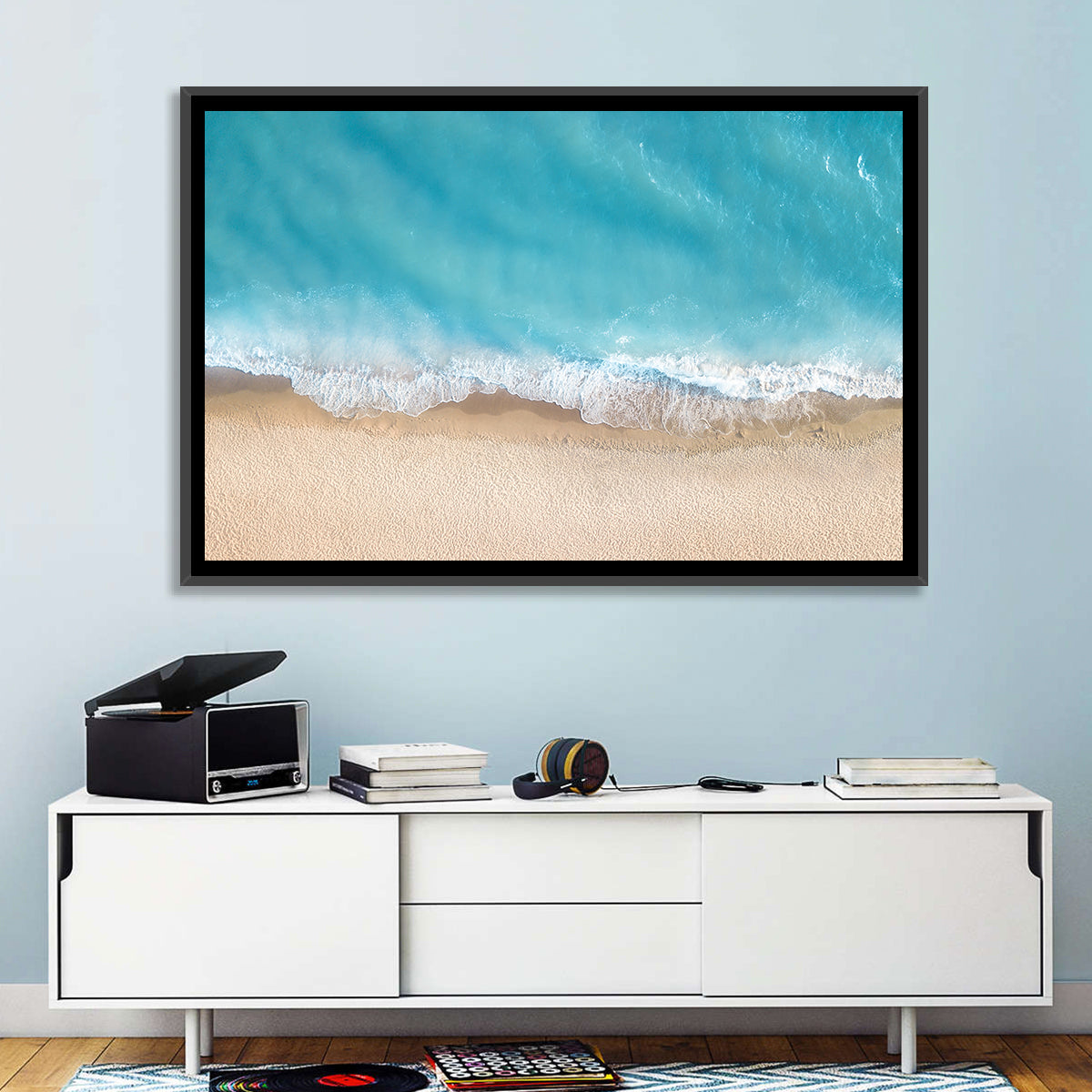 Top-down Turquoise Beachscape Wall Art in a room, landscape