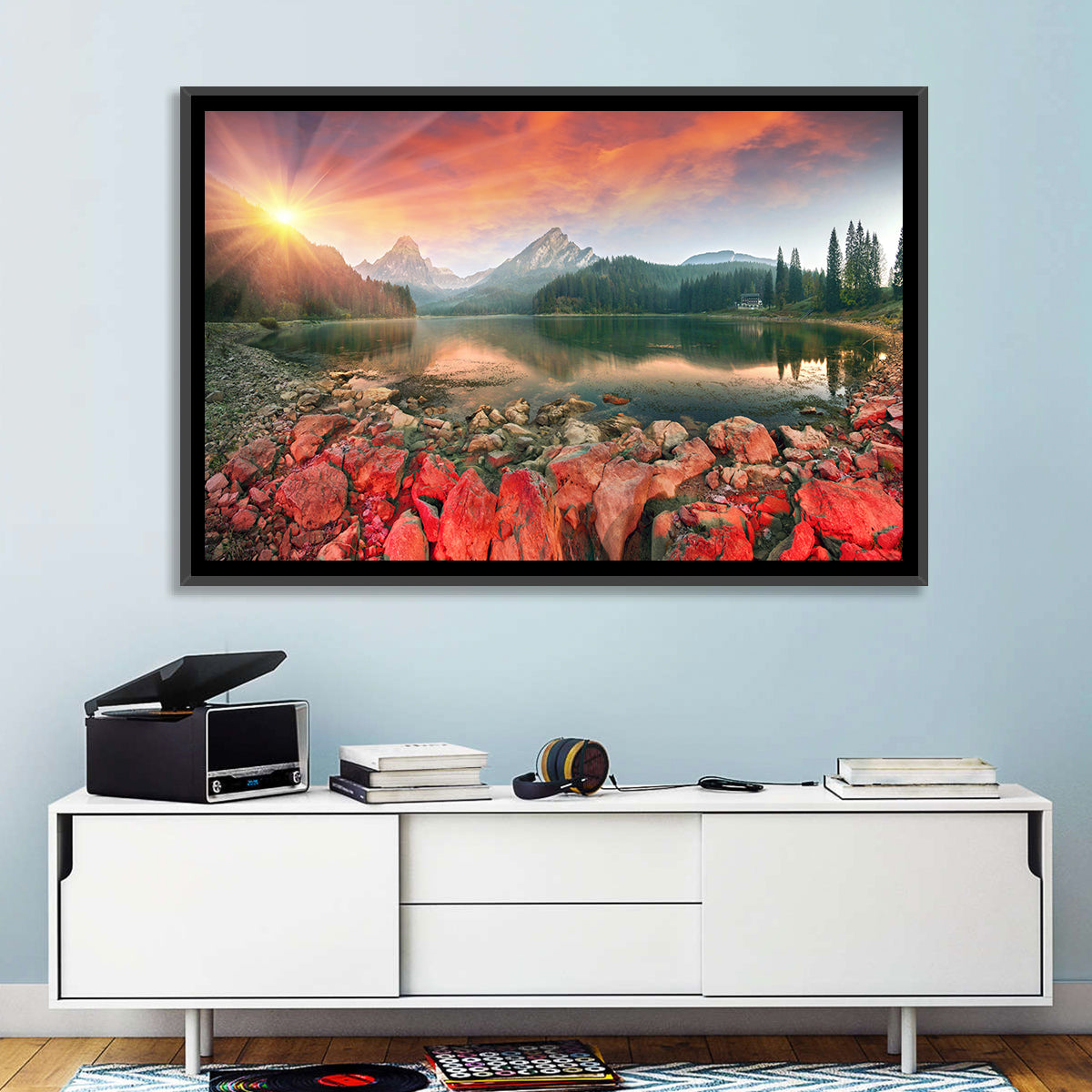 Obersee Sunrise Over Red Rocks Wall Art in a room, landscape