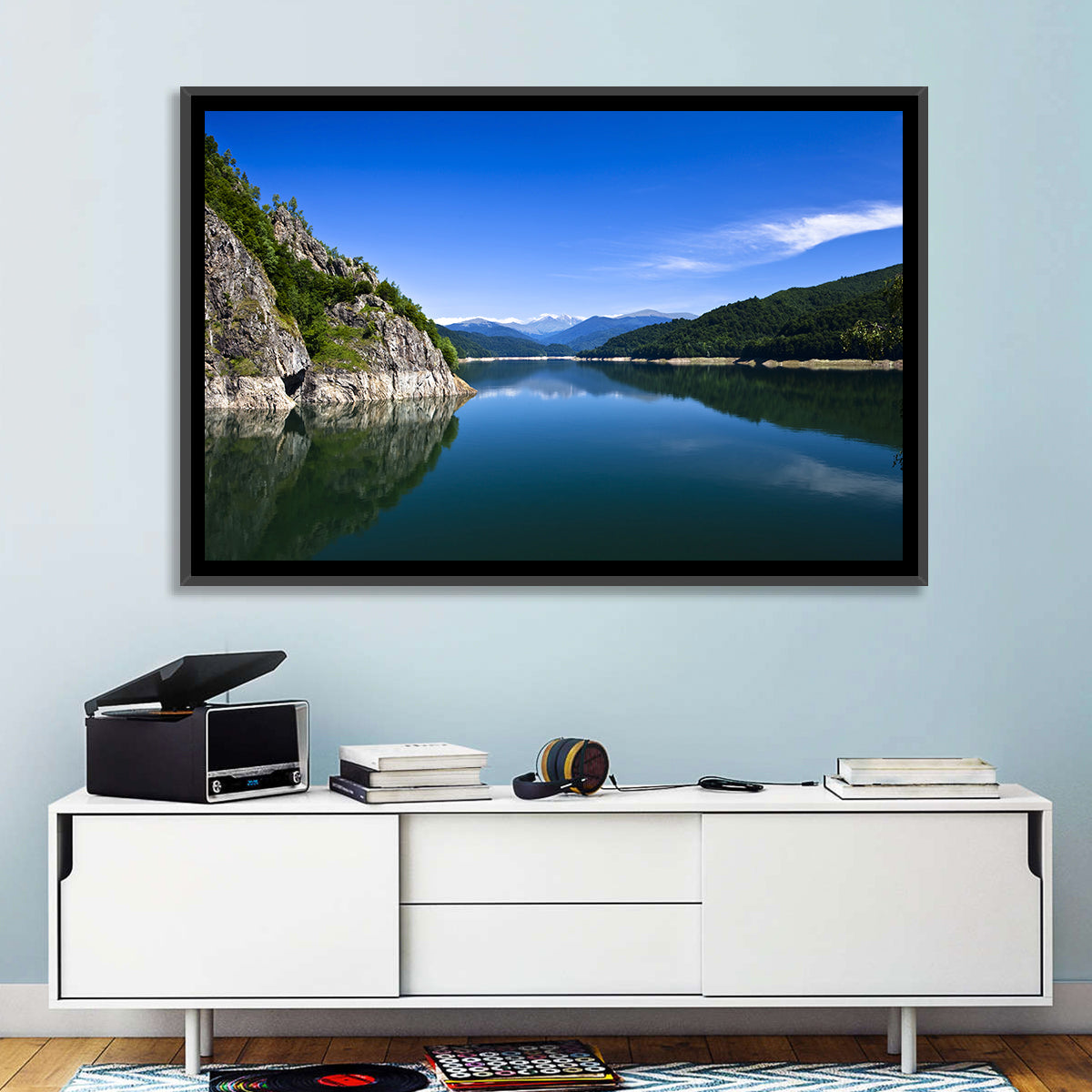 Calm Mountain Lake Reflection Wall Art in a room, landscape