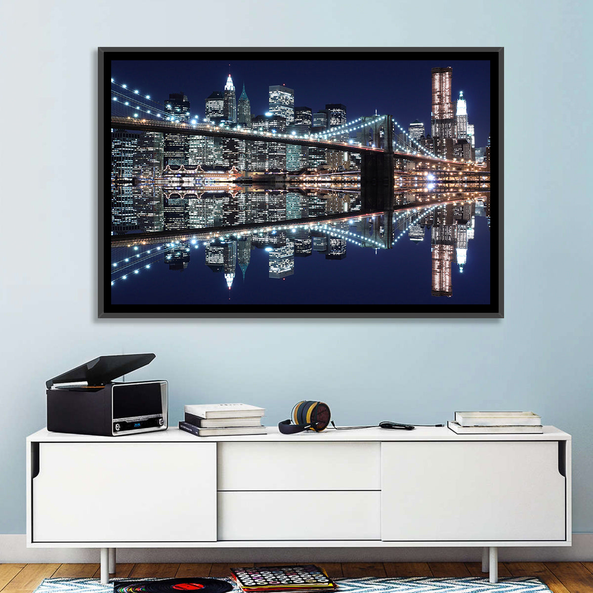 Brooklyn Bridge Symphony at Night Wall Art in a room, landscape