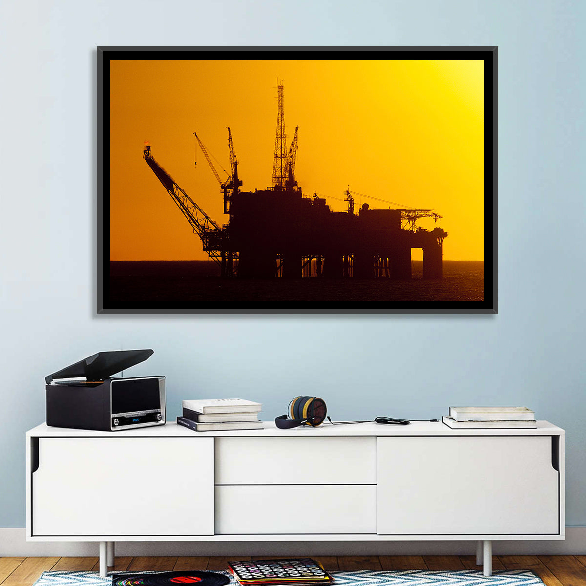 Oil Rig Silhouette at Sunset Wall Art in a room, landscape