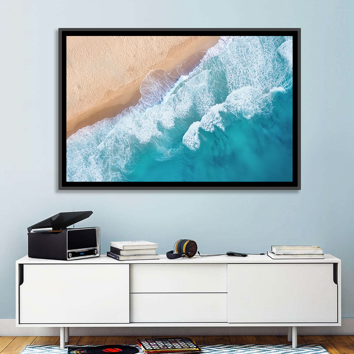 Aerial Turquoise Beach Waves Wall Art in a room, landscape