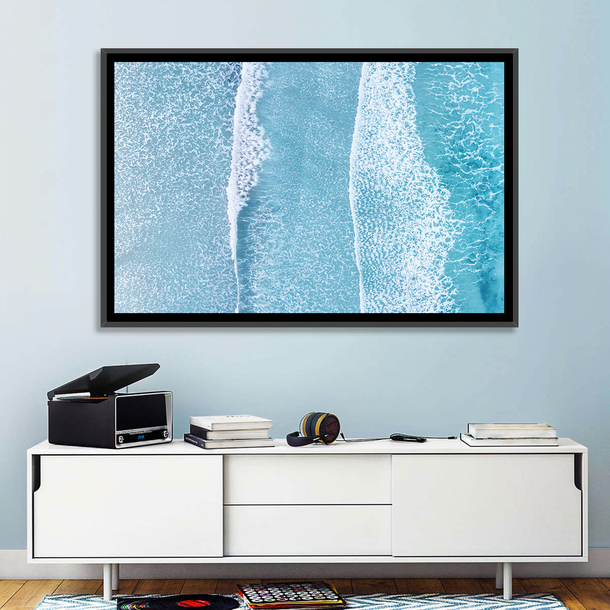 Twin Breaking Waves Over Turquoise Sea Wall Art in a room, landscape