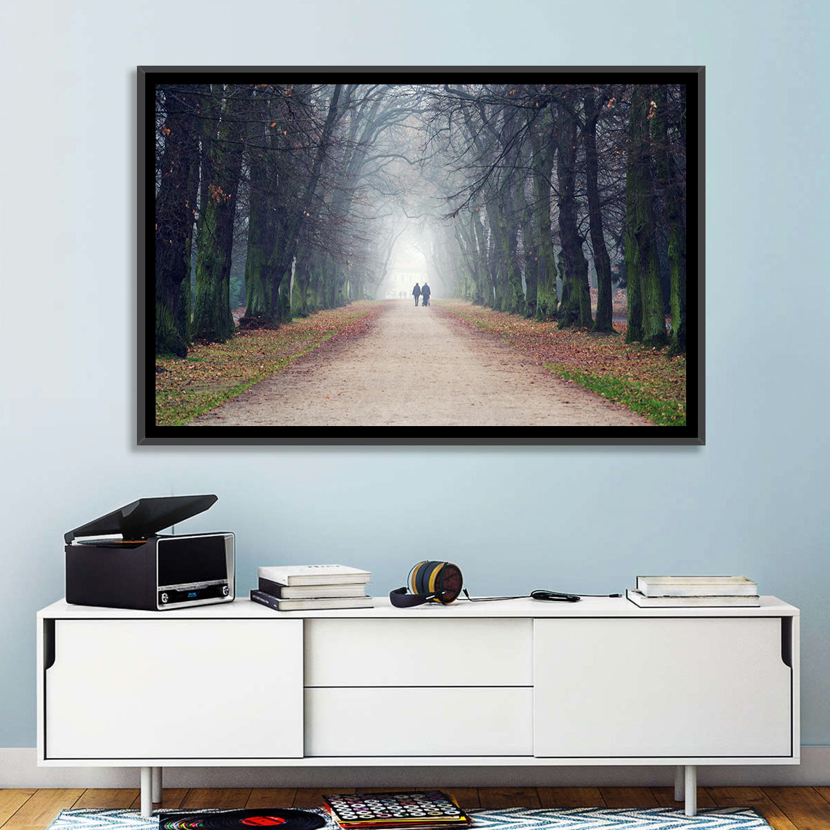 Foggy Tree Lined Walkway in Autumn Wall Art in a room, landscape