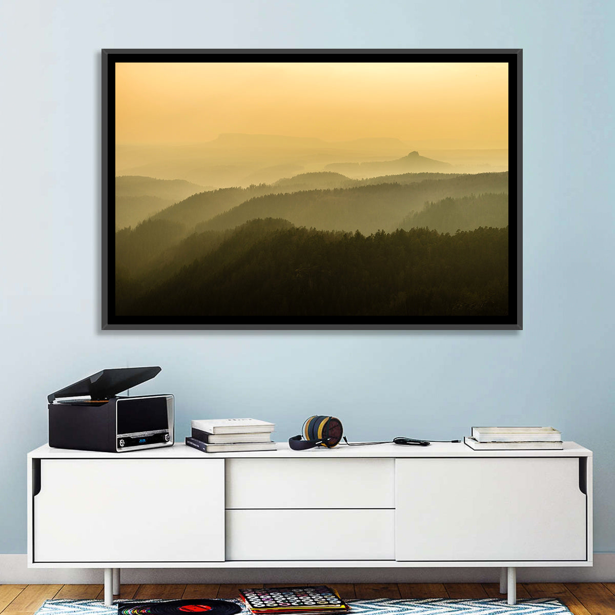 Misty Golden Ridge Landscape Wall Art in a room, landscape