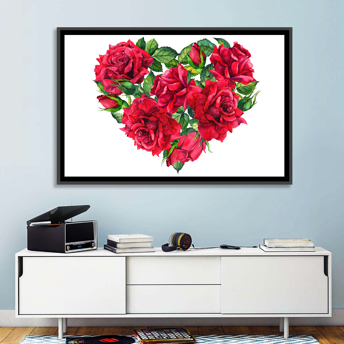 Watercolor Rose Heart Wall Art in a room, landscape