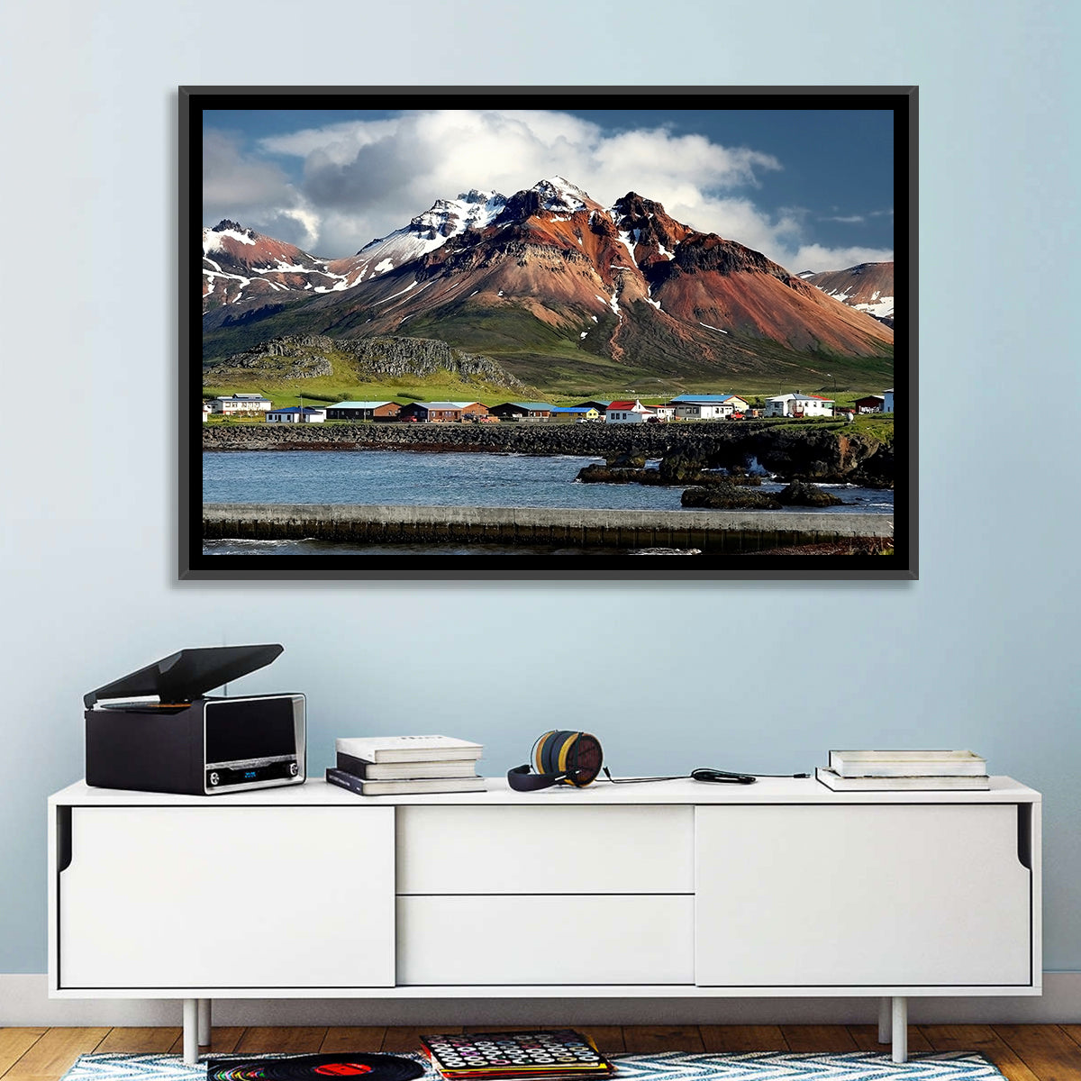 East Fjords Harbor Village Wall Art in a room, landscape