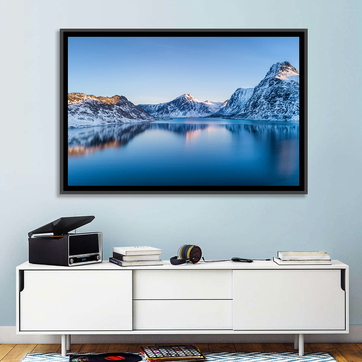 Snowy Lofoten Reflection Wall Art in a room, landscape