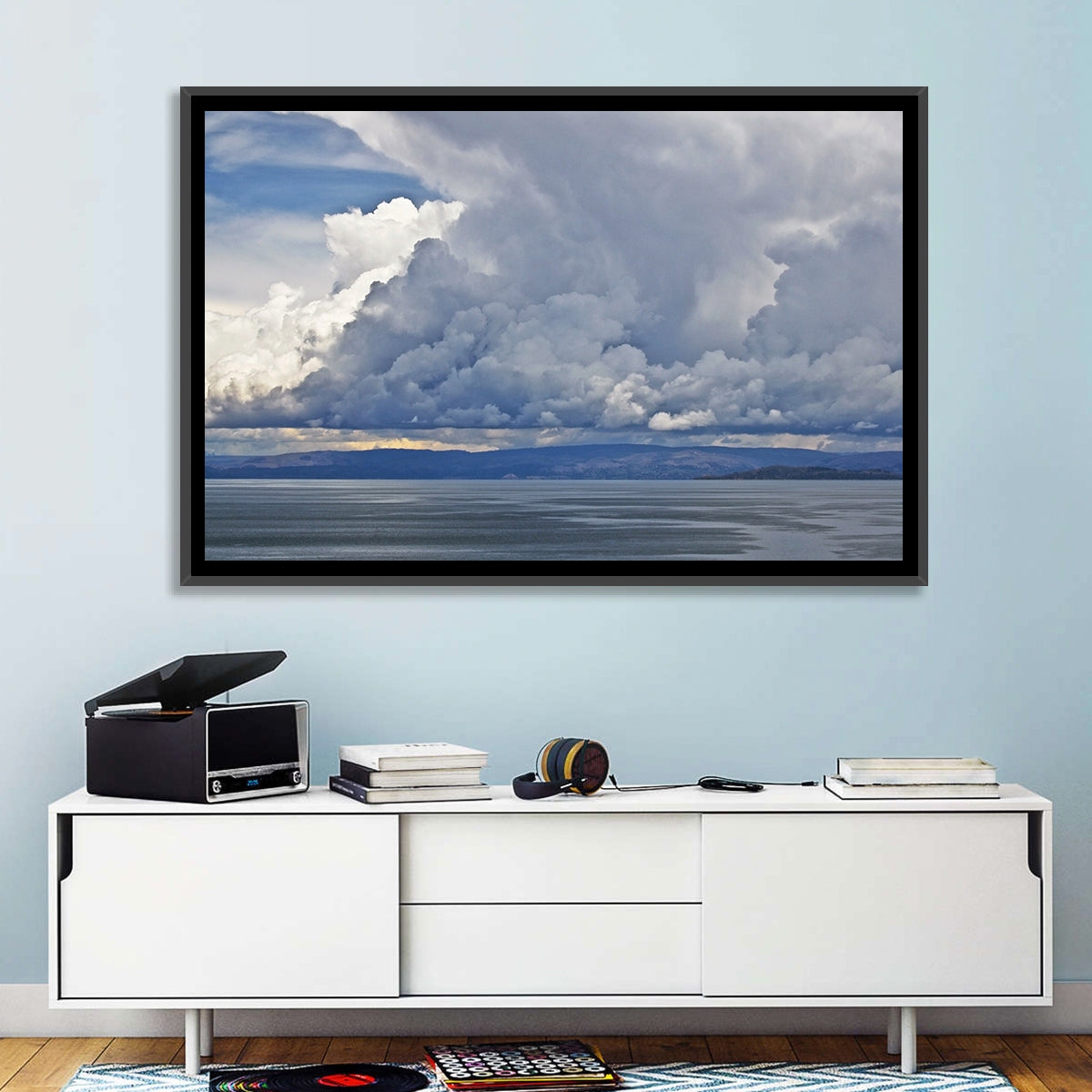 Lake Titicaca Moody Cloudscape Wall Art in a room, landscape