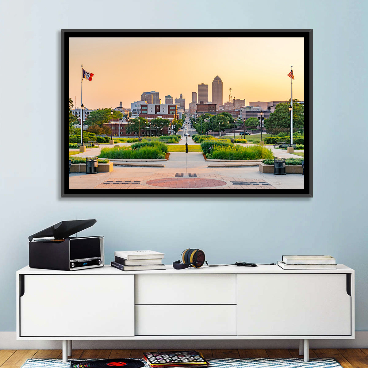 Des Moines Golden Hour Skyline Wall Art in a room, landscape