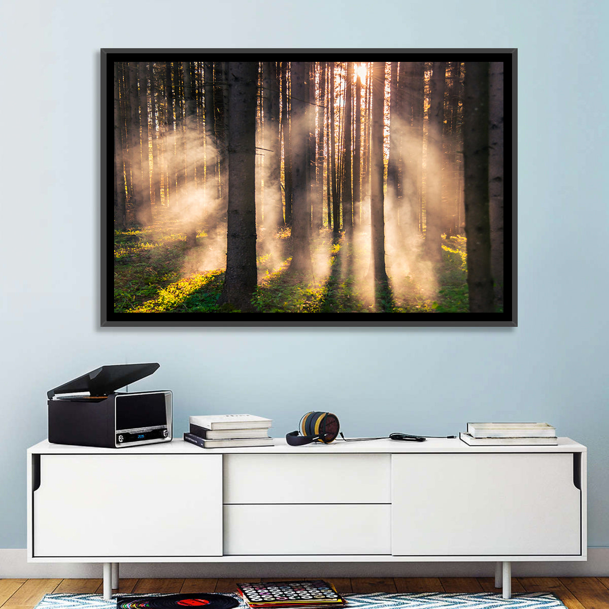Sunrise Through Misty Forest Wall Art in a room, landscape