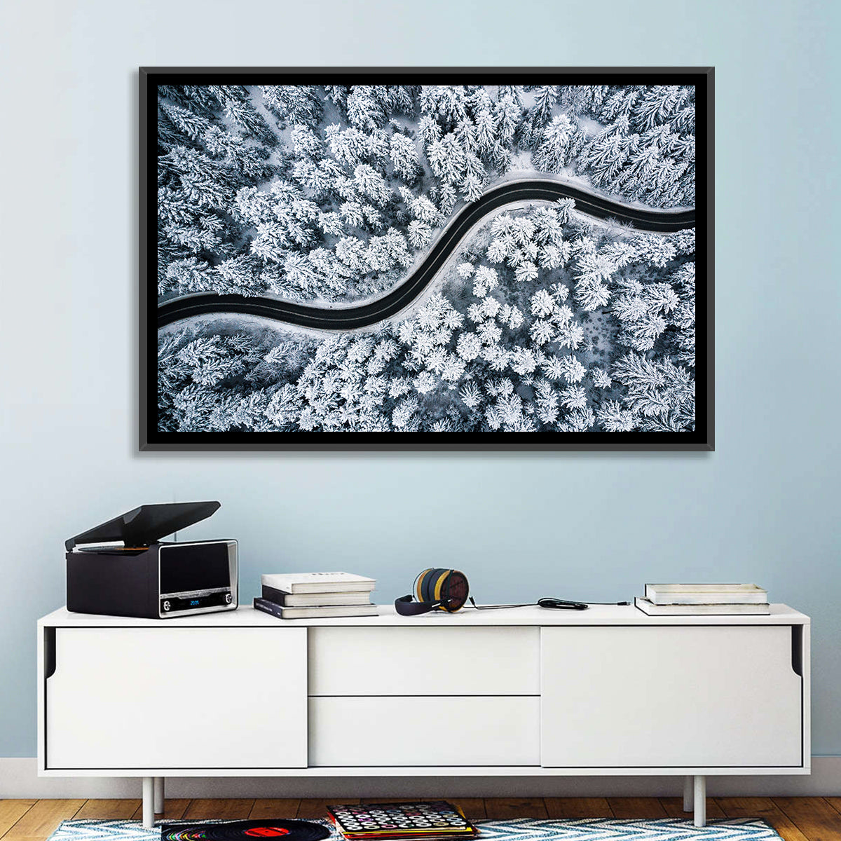 S-curve Winter Forest Road Wall Art in a room, landscape