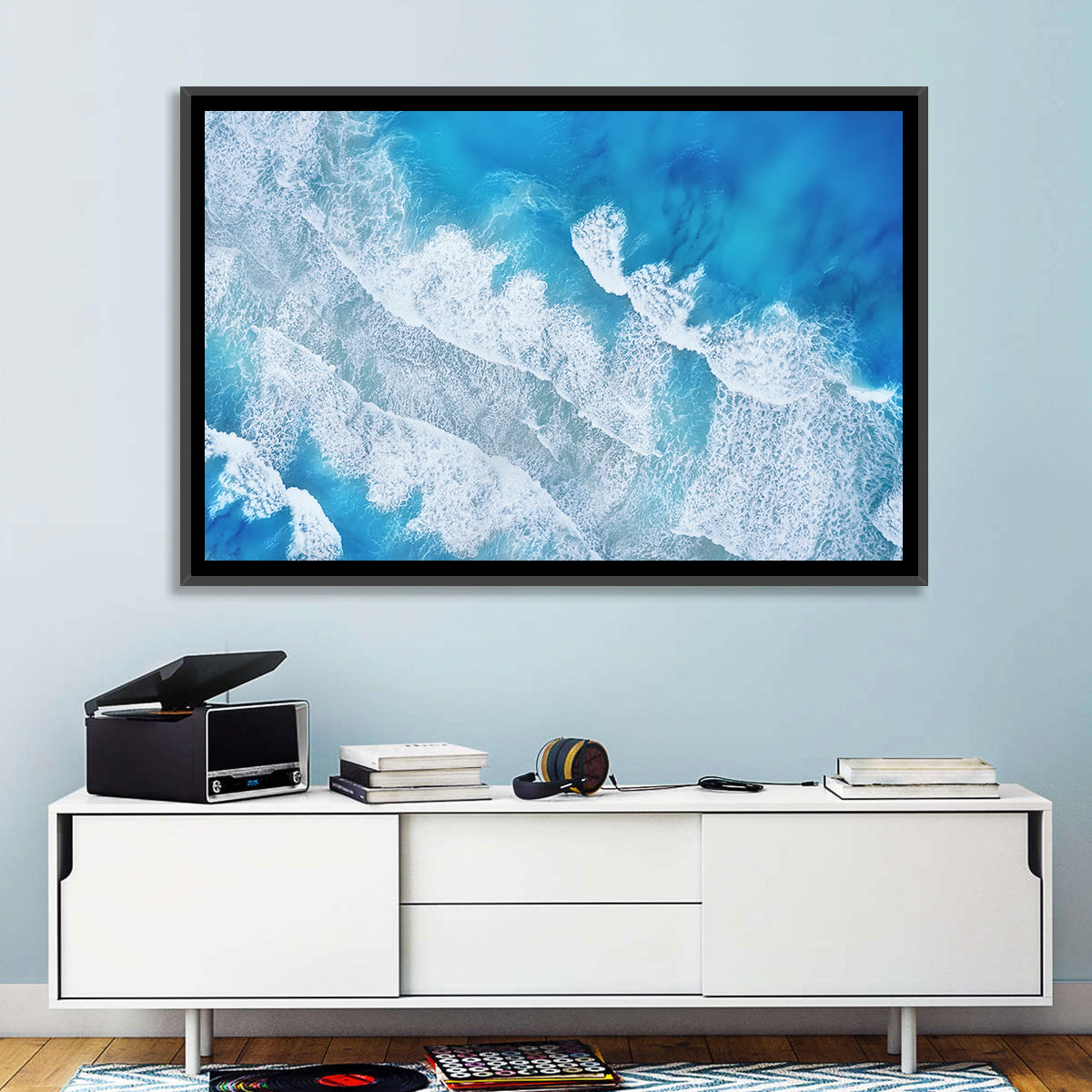 Aerial Turquoise Waves Wall Art in a room, landscape