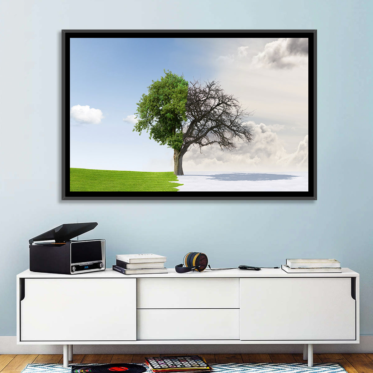 Summer to Winter Split Tree Wall Art in a room, landscape