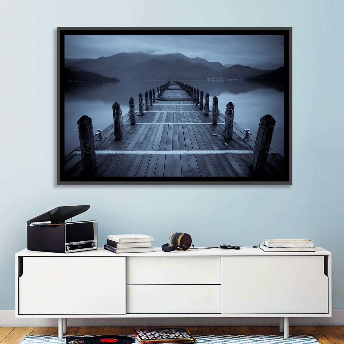 Long Lake Pier at Dusk Wall Art in a room, landscape