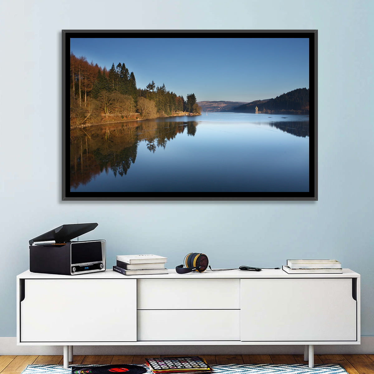 Lake Vyrnwy Golden Hour Reflection Wall Art in a room, landscape