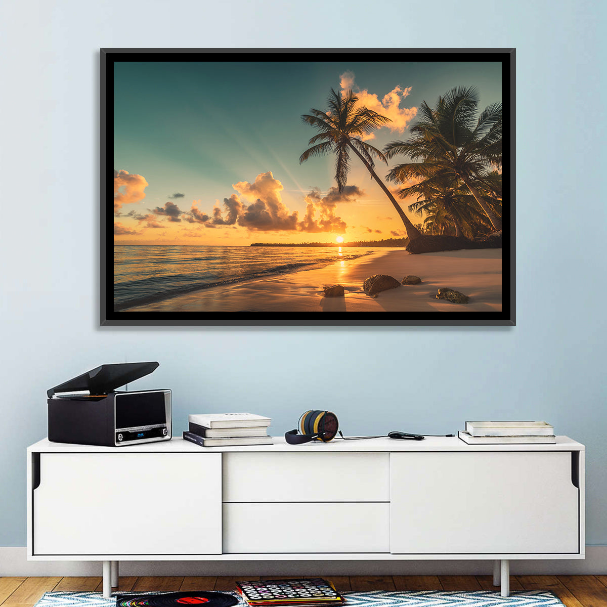 Golden Hour Palm Beach Sunset Wall Art in a room, landscape