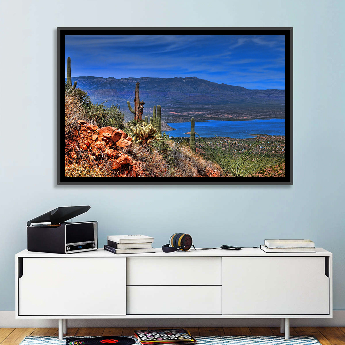 Roosevelt Lake Saguaro Vista Wall Art in a room, landscape