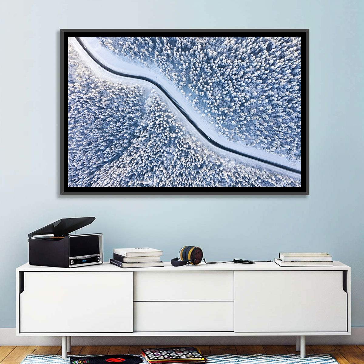 Winding Snowy Forest Road Wall Art in a room, landscape