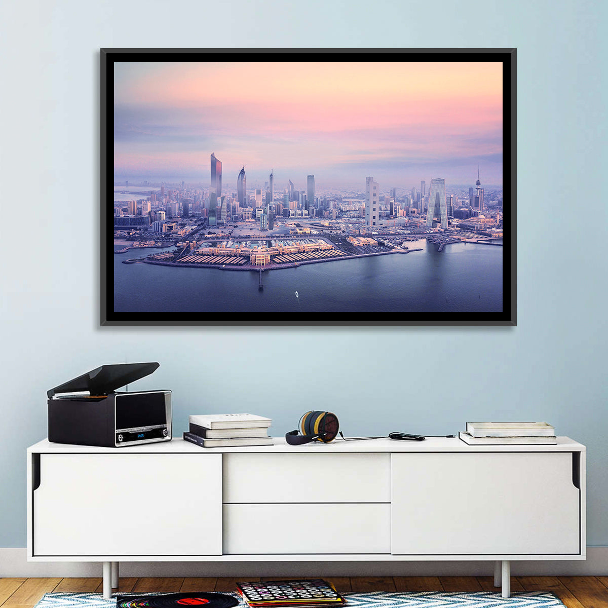 Kuwait City Twilight Skyline Wall Art in a room, landscape