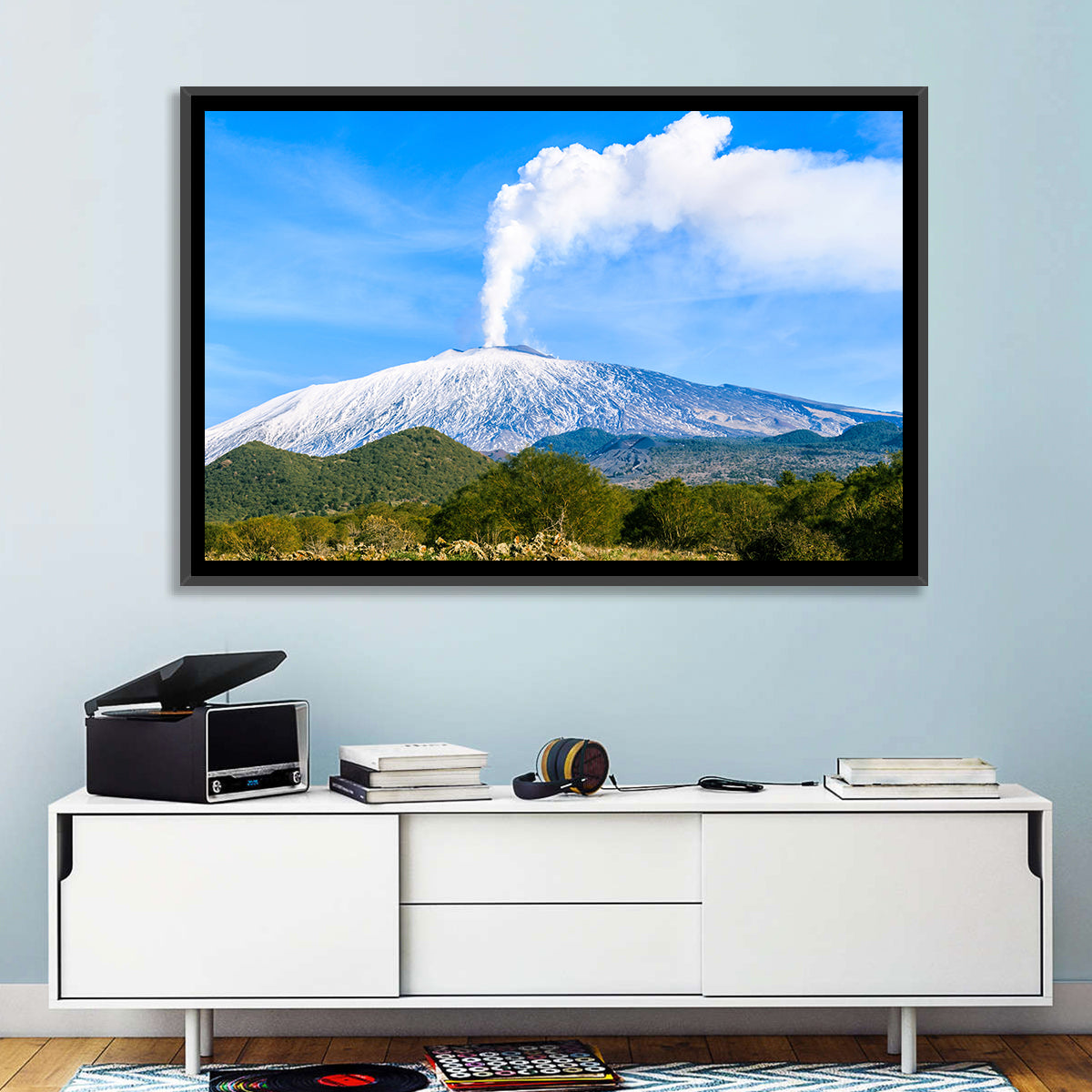Snow-capped Mount Etna with Volcanic Plume Wall Art in a room, landscape