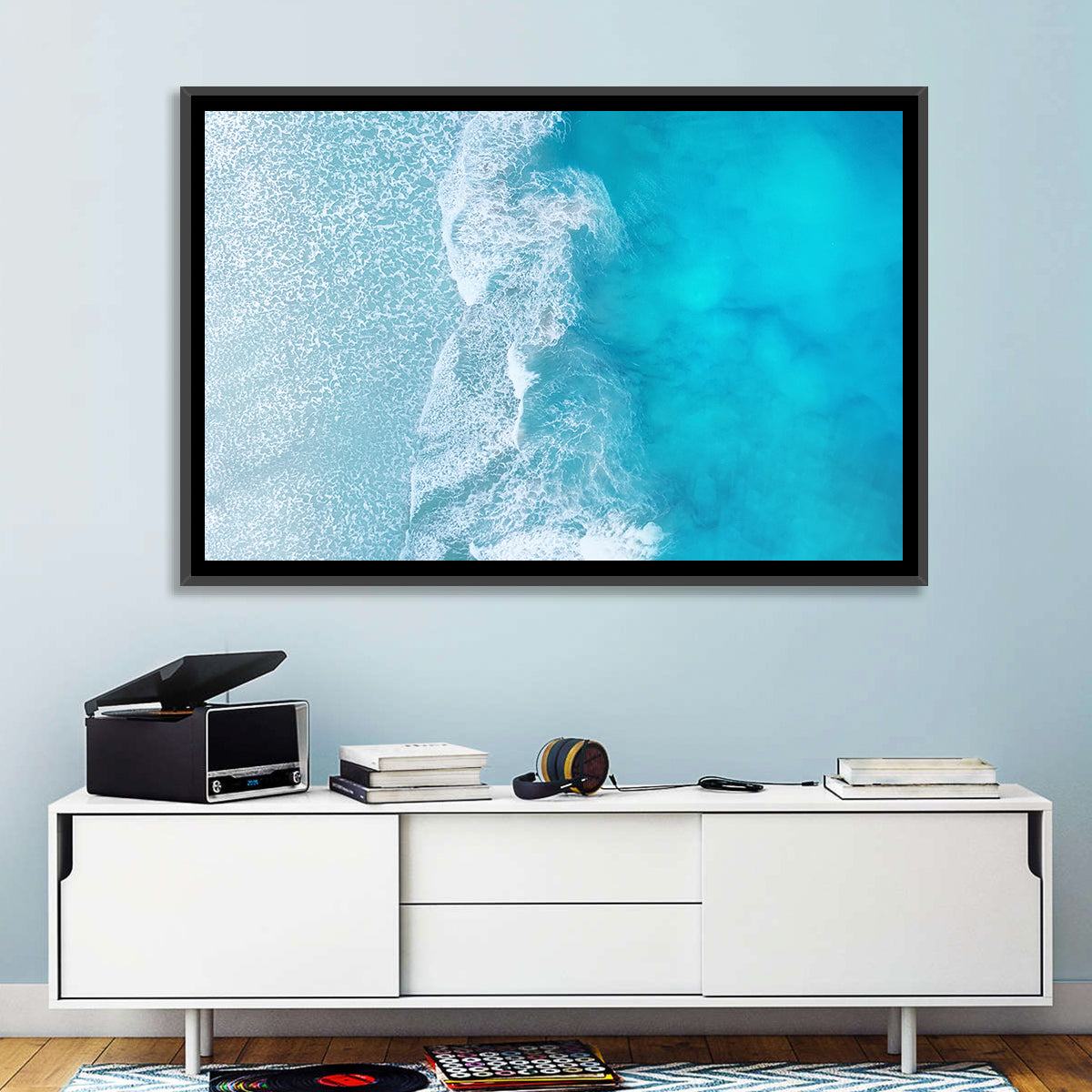 Turquoise Aerial Ocean Waves Wall Art in a room, landscape