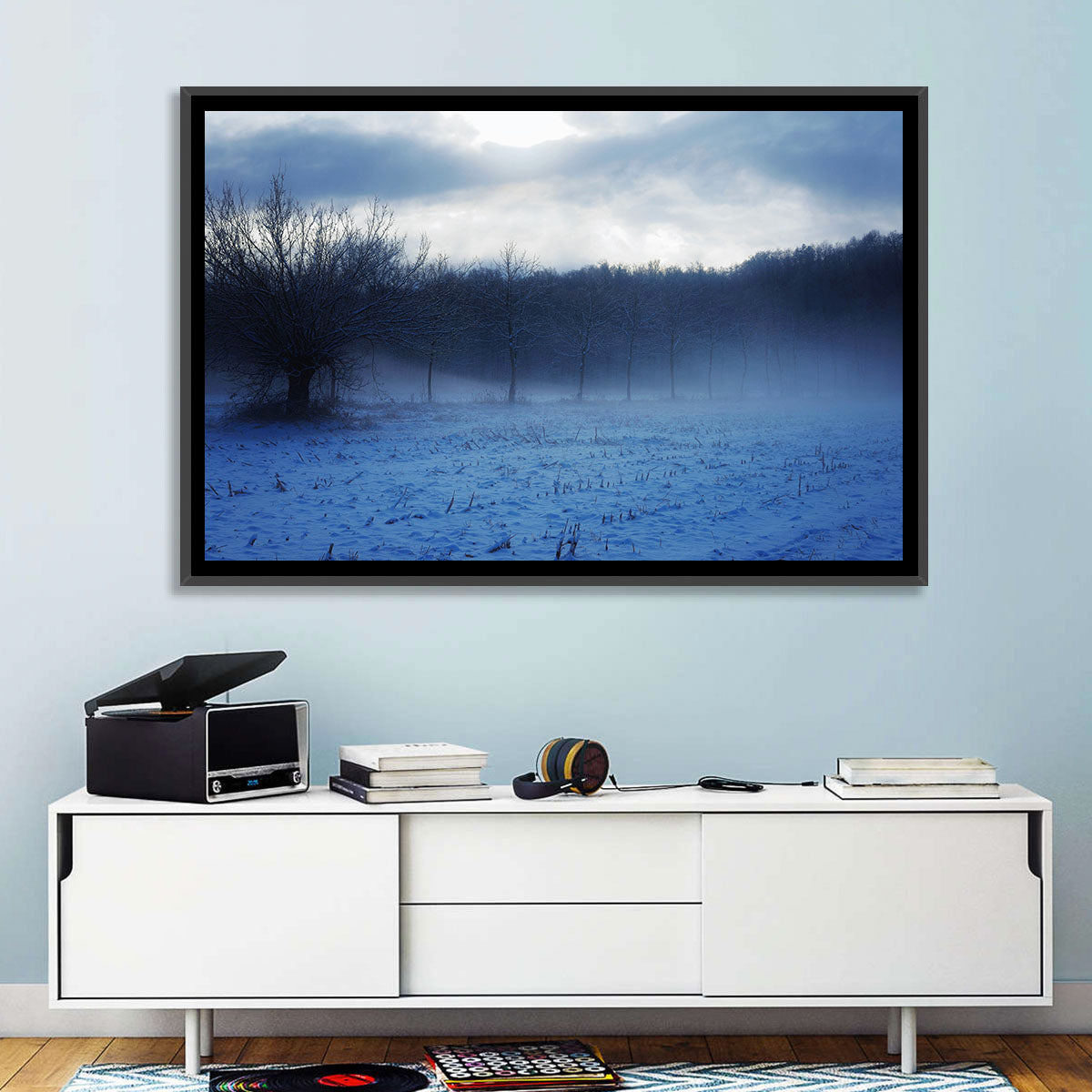 Snowy Italian Countryside Wall Art in a room, landscape