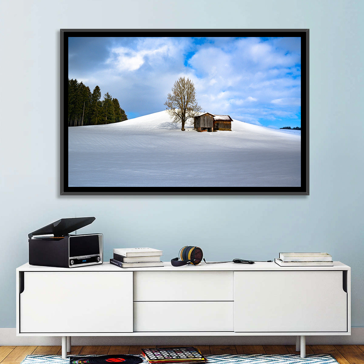 Rustic Barn on a Snowy Hill Wall Art in a room, landscape