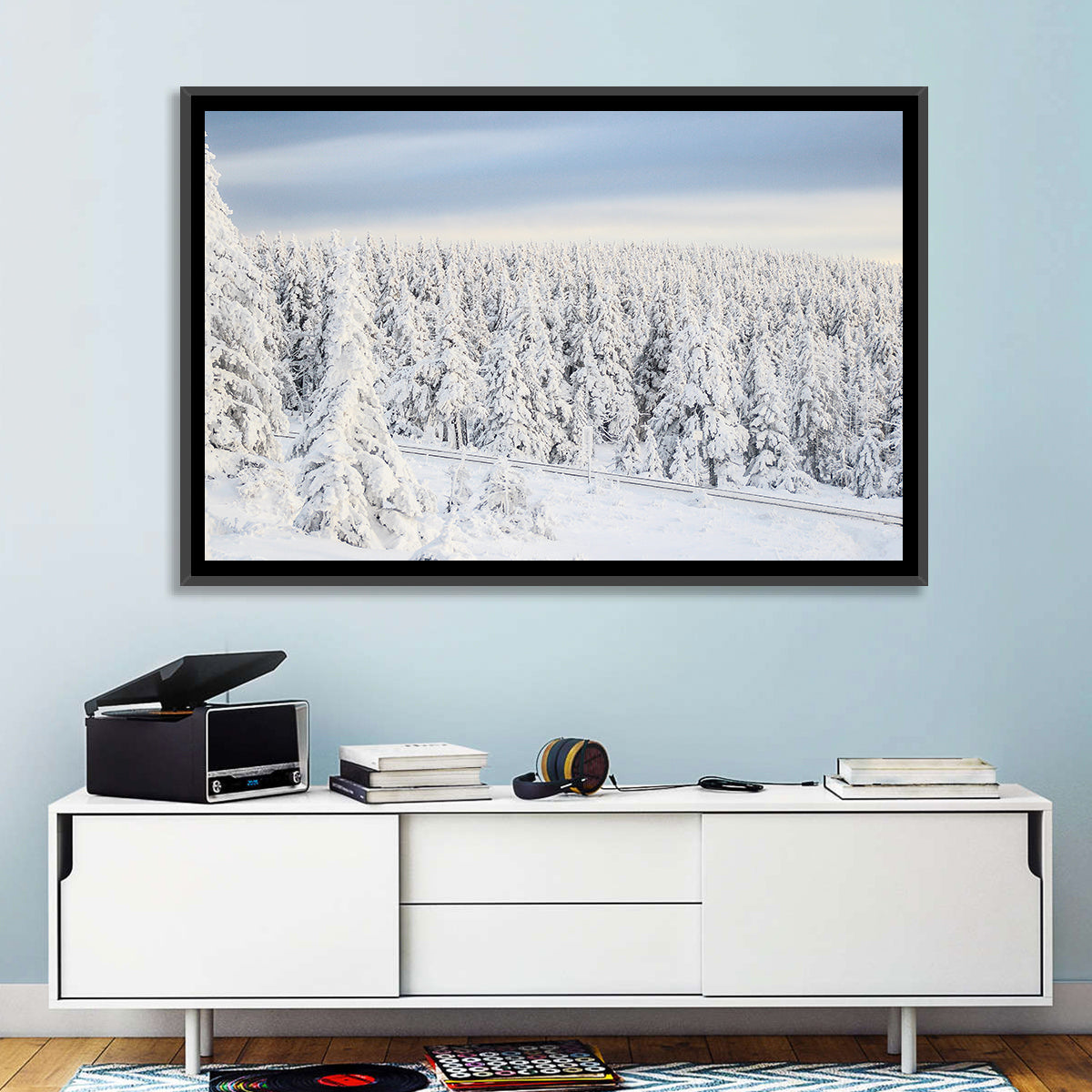 Snowy Forest Railway Tracks Wall Art in a room, landscape