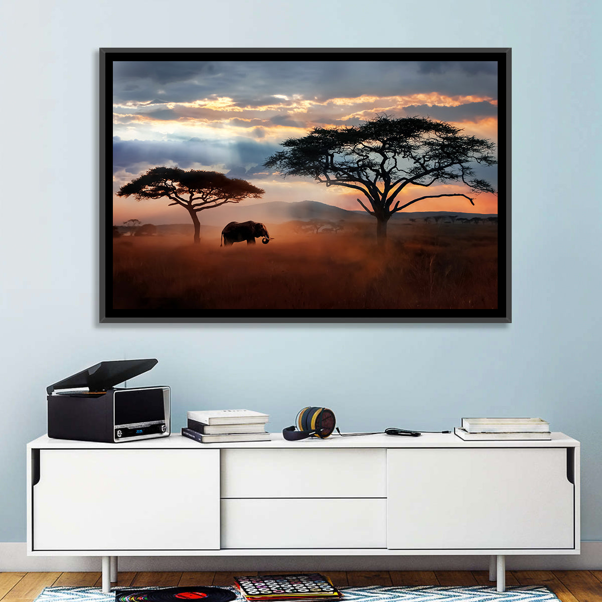 Savanna Elephant at Sunset Wall Art in a room, landscape