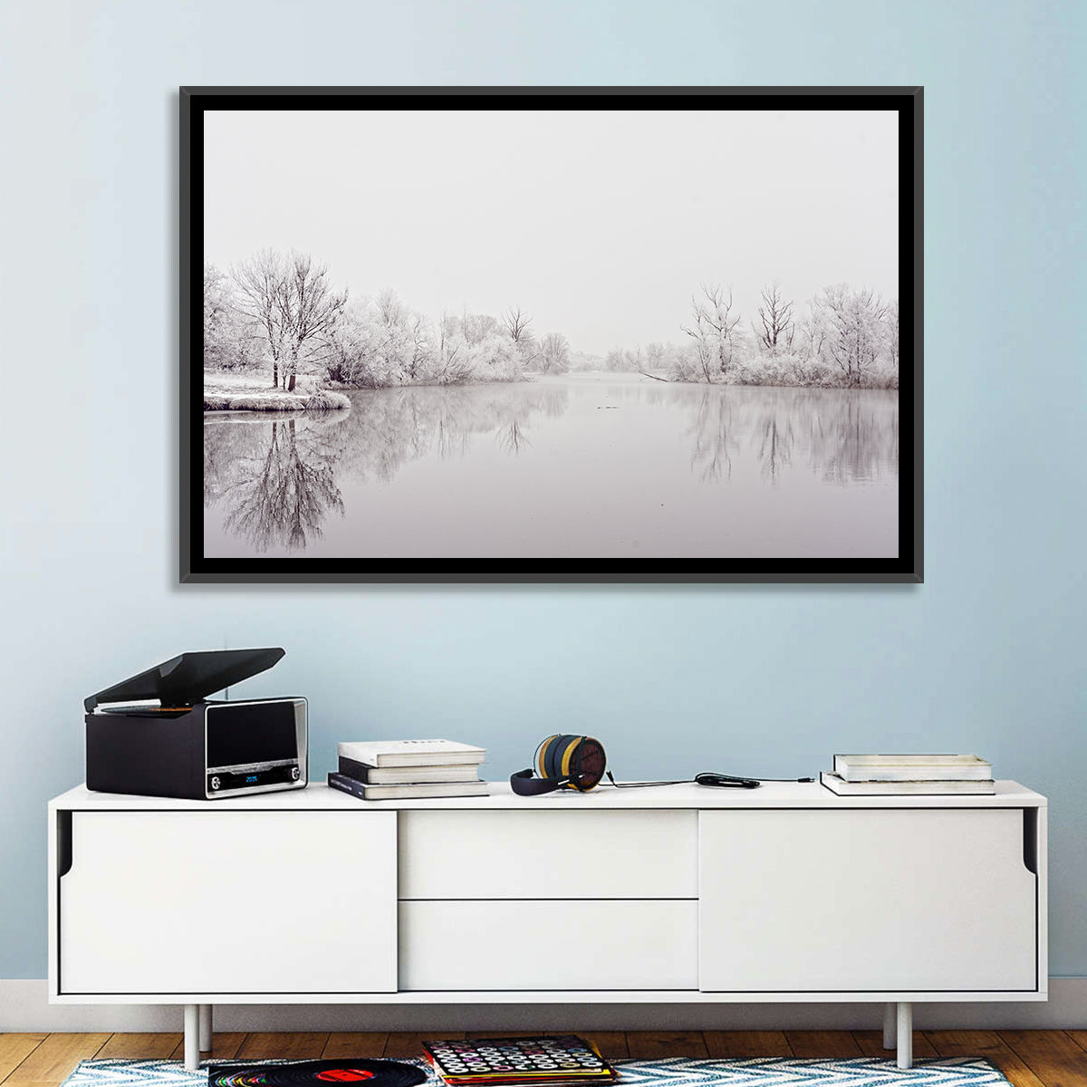 Frozen River Reflection in Winter Fog Wall Art in a room, landscape