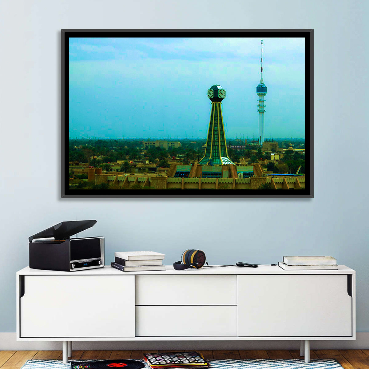 Baghdad Clock Tower Cityscape Wall Art in a room, landscape