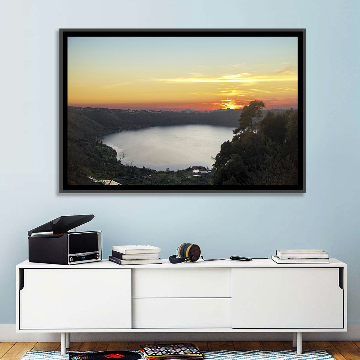 Lake Nemi Golden Sunset Wall Art in a room, landscape