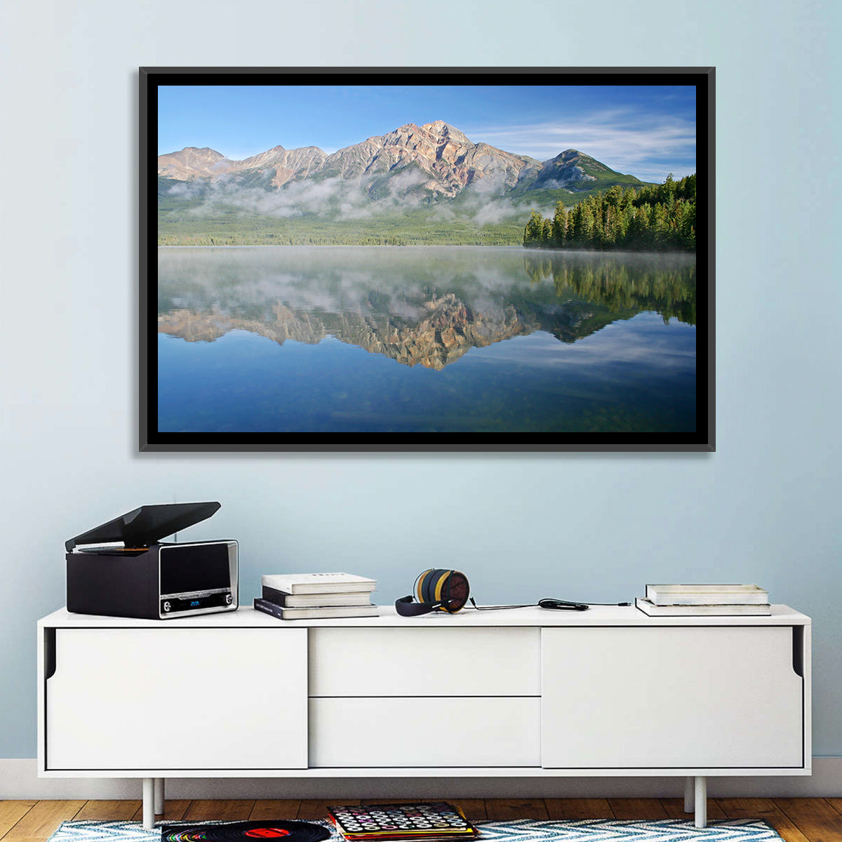Pyramid Mountain Reflection Wall Art in a room, landscape