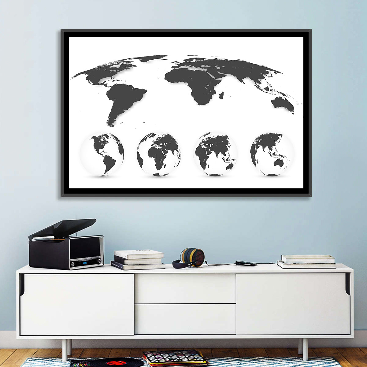 Stylized World Map and Globe Icons Wall Art