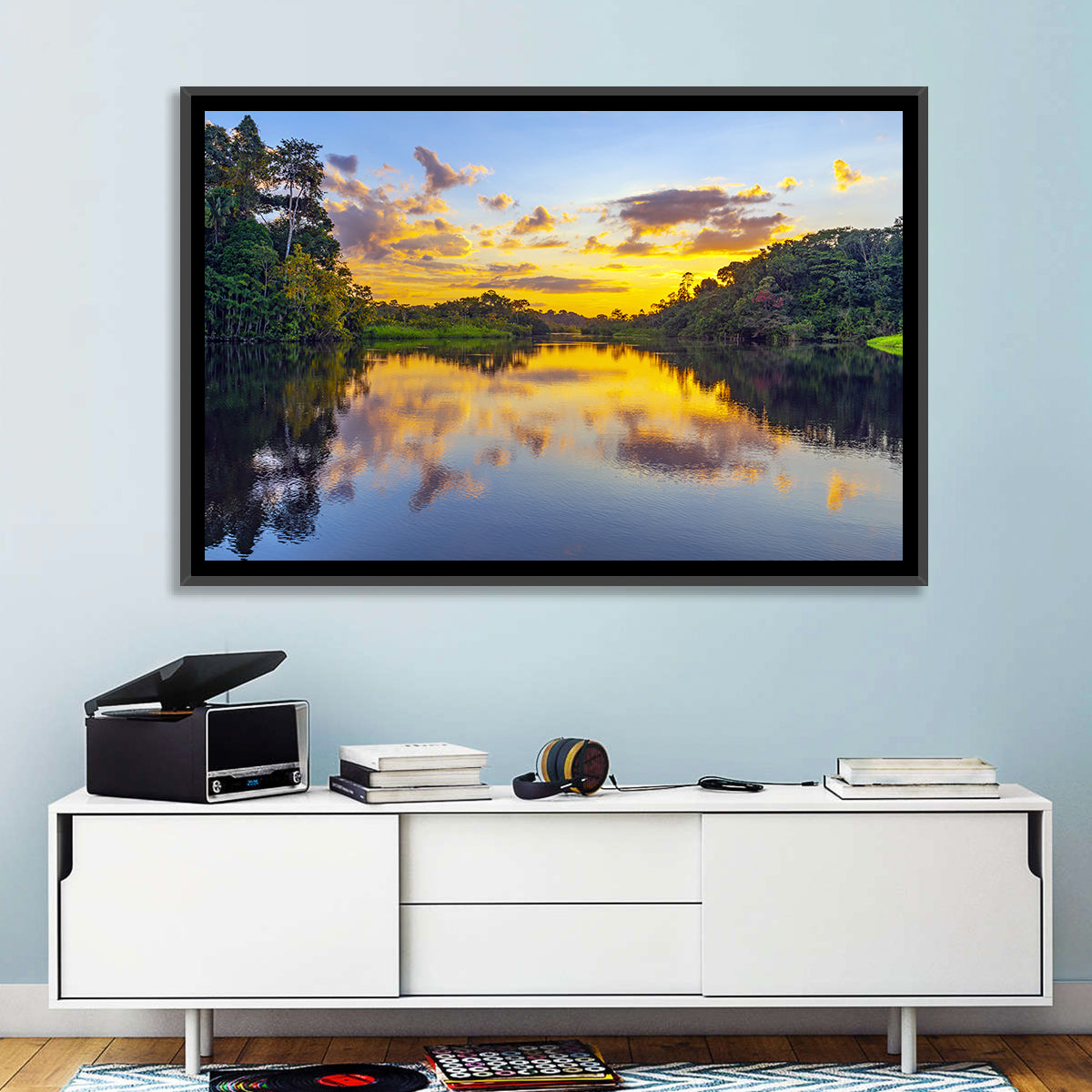 Amazon River Sunset Reflection Wall Art in a room, landscape