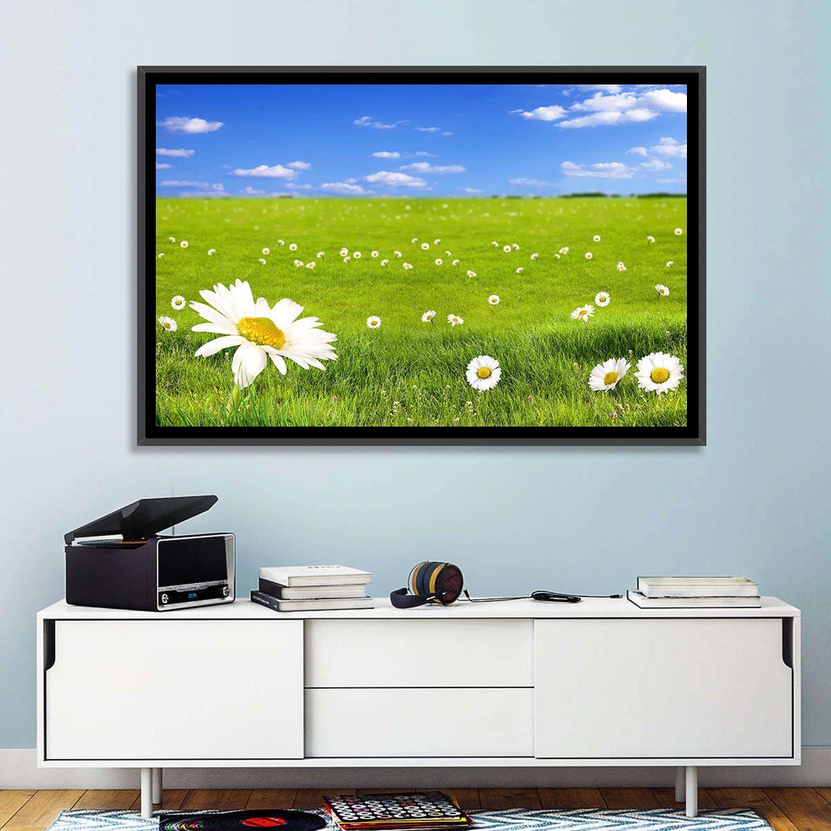Spring Daisy Meadow Wall Art in a room, landscape