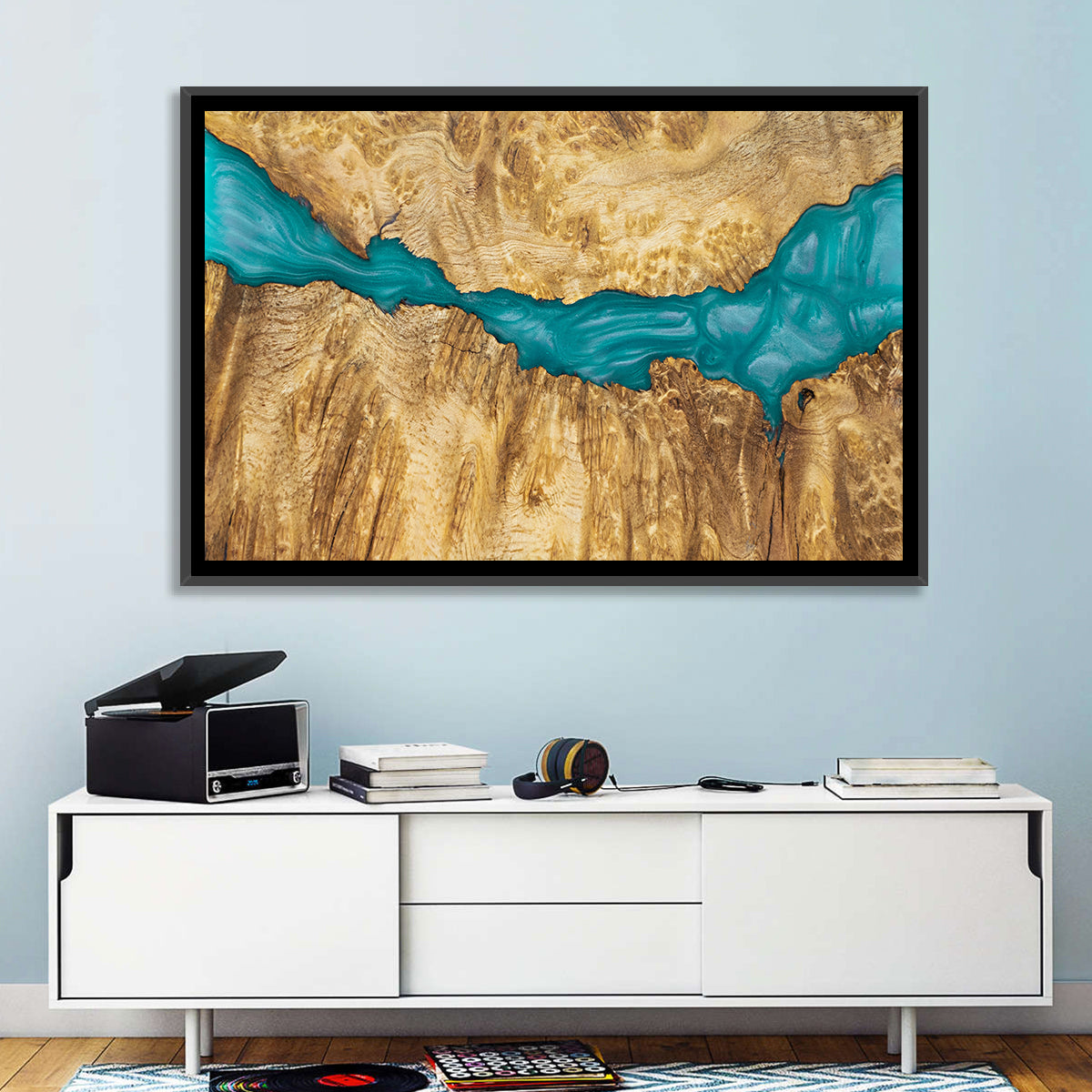 Burled Wood River with Teal Resin Wall Art in a room, landscape