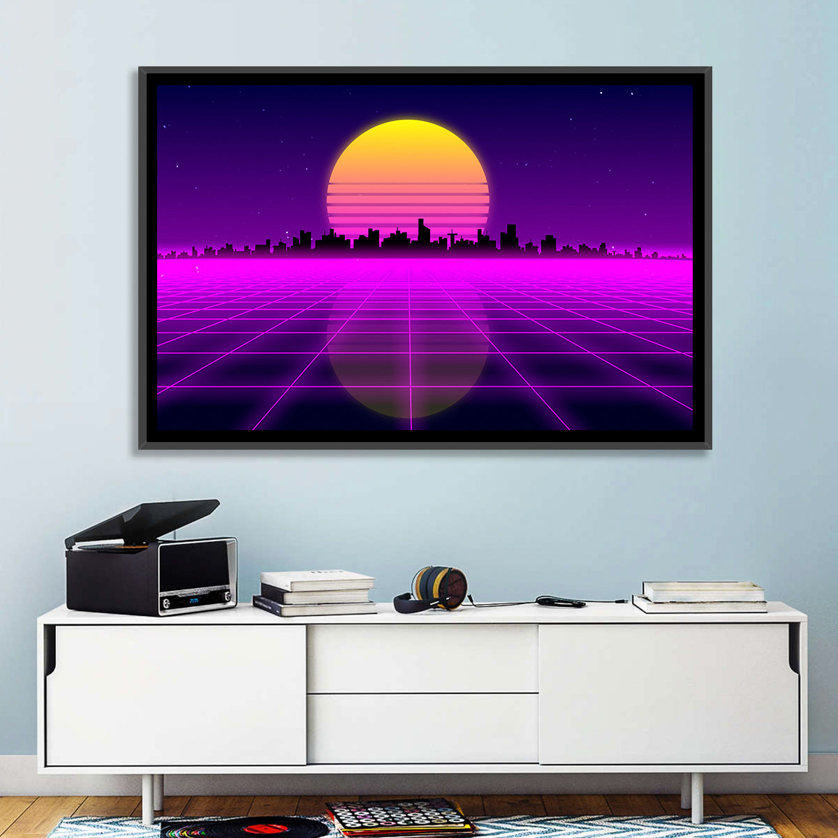 Neon Sunrise Skyline Wall Art in a room, landscape
