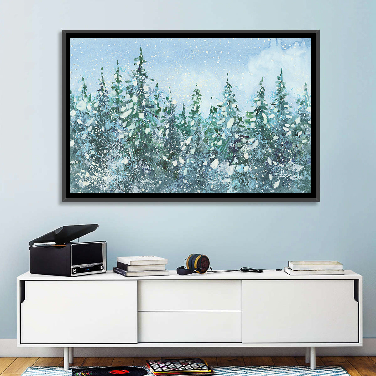 Snowy Spruce Forest Wall Art in a room, landscape