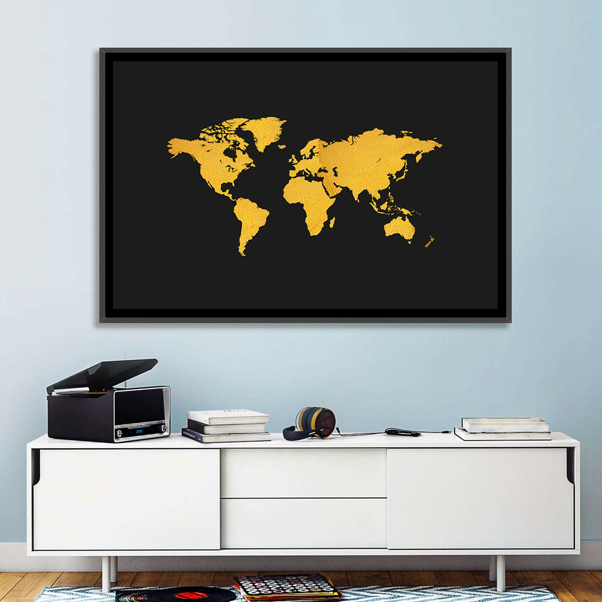 Gold Texture World Map Wall Art in a room, landscape